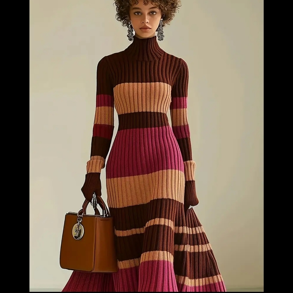 Chic Long Sleeve Brown and Pink Dress - Picture 3 of 4